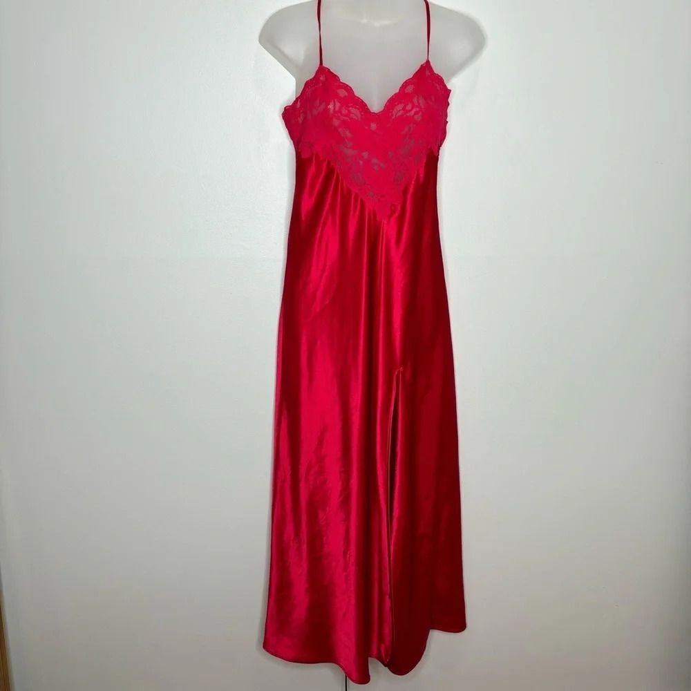 Vintage Victoria’s Secret Y2k Silky Slit Red Maxi Slip Dress Rosette Lace Medium